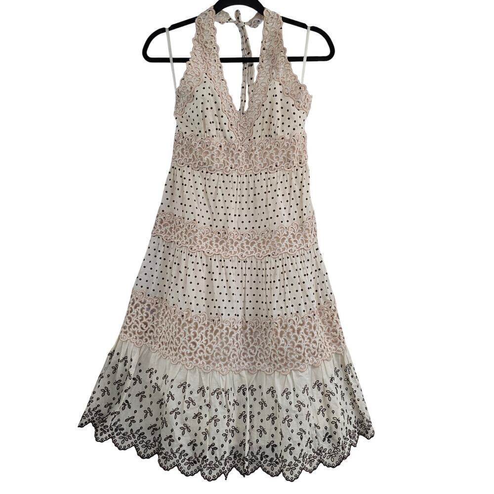 Y2K Halter Lace Embroidered Midi Dress Size 4 Ivory Beige Boho Scalloped Hem